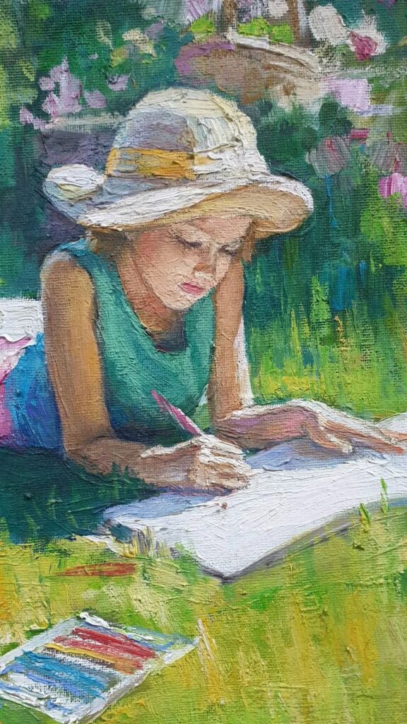 Лицо девочки в тени шляпы. Деталь картины маслом Юная художница.