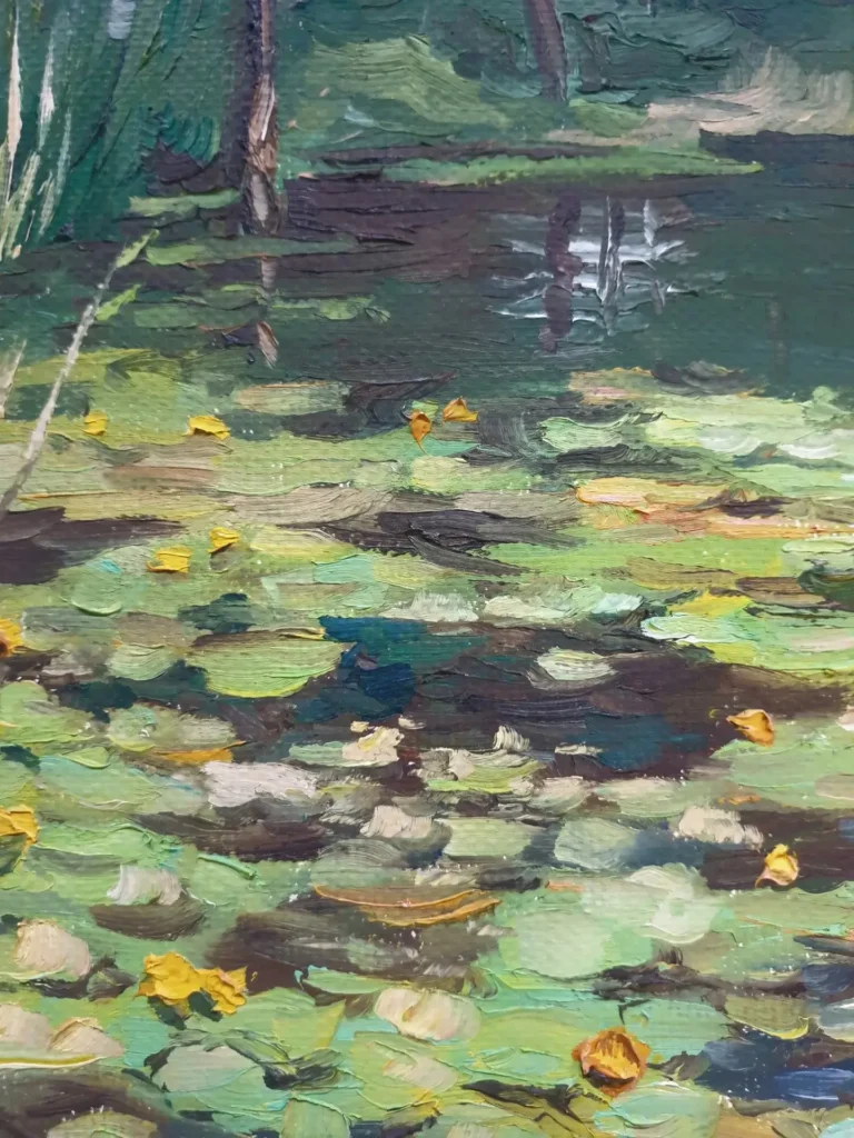 Фрагмент картины «Пруд с кувшинками», желтые кубышки среди зеленых листьев кувшинок и темная гладь заводи