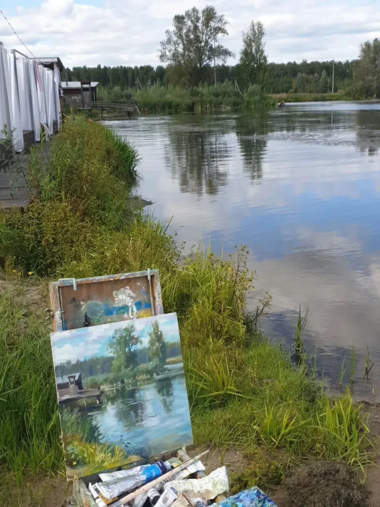 Создание пейзажа Отражение лета маслом на открытом воздухе, 2026 год. Процесс написания картины Отражение лета на походном мольберте у кромки воды на пленэре.